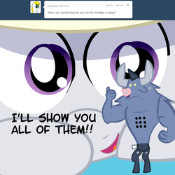 Size: 1200x1200 | Tagged: safe, artist:cosmonaut, iron will, rumble, lets ask rumble, g4, ask, colt, foal, male, toy, tumblr