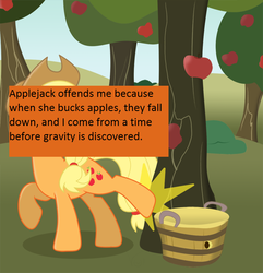 Size: 900x934 | Tagged: safe, applejack, offensive ponies, g4, apple, applebucking, gravity, meta, text, tree