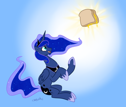 Size: 1829x1560 | Tagged: safe, artist:chocoscotch, artist:kure, princess luna, alicorn, pony, g4, concave belly, crown, ethereal mane, ethereal tail, female, folded wings, food, glorious grilled cheese, gradient background, grilled cheese, hoof shoes, jewelry, looking at something, looking up, mare, open mouth, peytral, princess shoes, regalia, side view, signature, sitting, solo, starry mane, starry tail, tail, underhoof, want, wings