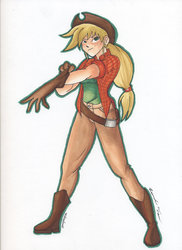 Size: 600x826 | Tagged: safe, artist:finalroundstudios, applejack, human, g4, boots, clothes, cowboy hat, fighting stance, gloves, hat, humanized, shoes, traditional art