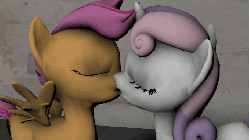 Size: 680x383 | Tagged: safe, artist:twily404, scootaloo, sweetie belle, g4, 3d, animated, duo, female, kiss on the lips, kissing, lesbian, making out, ship:scootabelle, shipping