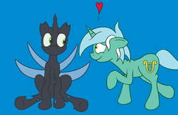 Size: 2932x1900 | Tagged: safe, artist:mostlyponyart, lyra heartstrings, changeling, pony, unicorn, g4, blue background, duo, heart, simple background