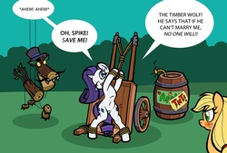 Size: 1120x755 | Tagged: safe, artist:toonbat, applejack, rarity, earth pony, pony, unicorn, g4, spike at your service, aroused, barrel, belly button, bipedal, blatant lies, blushing, bondage, cart, crying, damsel in distress, dastardly whiplash, duo, eyes on the prize, featureless crotch, female, happy bondage, hat, lesbian, moustache, puppet, roleplaying, rope, rope bondage, seems legit, ship:rarijack, shipping, the things we do for love, tied up, timber wolf puppet, tnt, top hat
