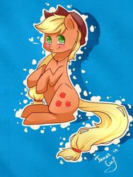 Size: 1200x1600 | Tagged: safe, artist:tomat-in-cup, applejack, earth pony, pony, g4, female, freckles, hat, heart, mare, signature, sitting, smiling, solo