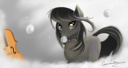 Size: 4800x2544 | Tagged: safe, artist:auroriia, octavia melody, earth pony, pony, g4, bubble, cello, female, mare, musical instrument, smiling, solo