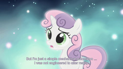 Size: 1280x720 | Tagged: safe, sweetie belle, pony, unicorn, g4, magical mystery cure, alternate, ascension realm, blank flank, cloud atlas, female, filly, foal, frown, horn, open mouth, princess celestia's special princess making dimension, solo, subtitles, sweetie bot, text, worried