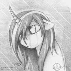 Size: 1069x1069 | Tagged: safe, artist:aeritus, oc, oc only, oc:deli neandi, pony, bust, floppy ears, frown, grayscale, monochrome, portrait, rain, sad, solo, traditional art