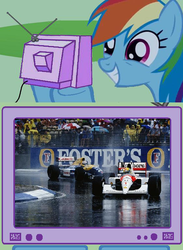 Size: 562x769 | Tagged: safe, rainbow dash, g4, ayrton senna, brazil, car, exploitable meme, formula 1, motorsport, race track, racecar, racing, tv meme