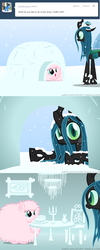 Size: 650x1625 | Tagged: safe, artist:mixermike622, queen chrysalis, oc, oc:fluffle puff, tumblr:ask fluffle puff, g4, comic, fluffy, snow, snowfall