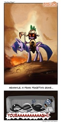 Size: 796x1601 | Tagged: safe, artist:izra, rarity, spike, twilight sparkle, human, g4, axe, coffin, death dealer, fine art parody, frank frazetta, frown, glare, glowing eyes, helmet, howie long scream, looking at you, open mouth, riding, screaming, shield, weapon, wide eyes