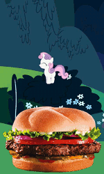 Size: 150x250 | Tagged: safe, sweetie belle, pony, unicorn, g4, animated, burger, female, filly, food, hamburger, jumping, sweetieburger