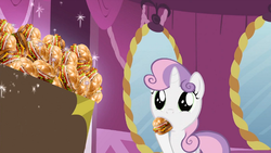 Size: 640x360 | Tagged: safe, sweetie belle, g4, burger, food, hamburger, mirror, sweetieburger