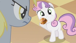 Size: 828x466 | Tagged: safe, derpy hooves, sweetie belle, pegasus, pony, g4, burger, female, food, hamburger, mare, sweetieburger