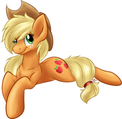 Size: 762x740 | Tagged: safe, artist:fizzy-dog, applejack, earth pony, pony, g4, female, looking at you, prone, simple background, smiling, solo, transparent background