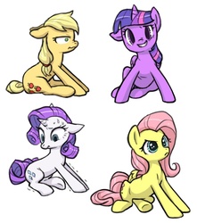 Size: 650x735 | Tagged: safe, artist:pimmy, applejack, fluttershy, rarity, twilight sparkle, alicorn, earth pony, pegasus, pony, unicorn, g4, awkward, big eyes, determined, female, floppy ears, horse problems, horses doing horse things, looking at you, mare, scrunchy face, sheepish grin, simple background, sitting, sweat, twilight sparkle (alicorn), uncomfortable