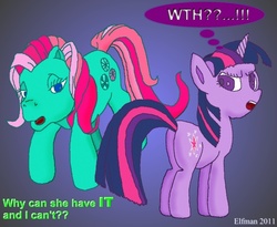 Size: 700x574 | Tagged: safe, artist:elfman83ml, minty, twilight sparkle, earth pony, pony, unicorn, g3, g4, bedroom eyes, butt, butt envy, duo, duo female, female, looking at you, mare, open mouth, plot, twibutt