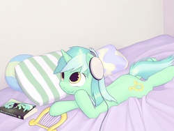 Size: 1660x1246 | Tagged: safe, artist:lurarin, lyra heartstrings, pony, unicorn, fanfic:background pony, g4, bed, book, female, headphones, lyre, musical instrument, pillow, prone, smiling, solo