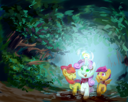 Size: 1280x1024 | Tagged: safe, artist:chung-sae, apple bloom, scootaloo, sweetie belle, g4, clothes, cutie mark crusaders, everfree forest, glowing, magic, scarf, sweetie belle's magic brings a great big smile