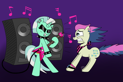 Size: 4240x2824 | Tagged: safe, artist:jay muniz, bon bon, lyra heartstrings, sweetie drops, earth pony, pony, unicorn, g4, alternate hairstyle, bipedal, bracelet, choker, duo, duo female, ear piercing, electric guitar, eyes closed, eyeshadow, female, flying v, gradient background, grin, guitar, jewelry, lip piercing, lyrapunk, makeup, mohawk, music, music notes, musical instrument, neckerchief, piercing, playing, punk, rock (music), smiling, speaker, spiked choker, spiked wristband, teenager, wristband, younger