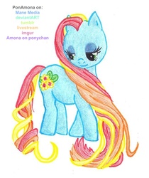 Size: 650x773 | Tagged: safe, artist:ponamona, beach belle, earth pony, pony, g3, g4, colored pencil drawing, female, full body, g3 to g4, generation leap, lidded eyes, long mane, looking down, mare, side view, simple background, smiling, solo, tail, traditional art, white background