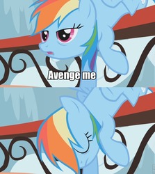 Size: 855x960 | Tagged: safe, edit, edited screencap, screencap, rainbow dash, pony, applebuck season, g4, death, female, image macro, implied, solo