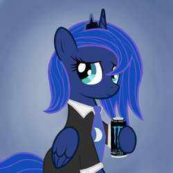 Size: 1500x1500 | Tagged: safe, artist:blackbasscry, princess luna, alicorn, pony, g4, clothes, energy drink, female, monster energy, necktie, shirt, solo