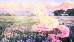 Size: 807x454 | Tagged: artist needed, safe, fluttershy, pegasus, pony, g4, female, looking back, mare, scenery, solo