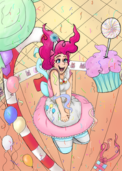 Size: 713x1000 | Tagged: dead source, safe, artist:yuripaws, pinkie pie, human, g4, alice in wonderland, balloon, eared humanization, female, humanized, paraskirt, solo