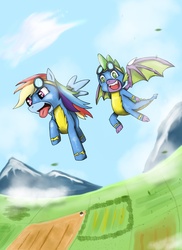 Size: 1700x2338 | Tagged: safe, artist:mlj-lucarias, rainbow dash, spike, dragon, g4, awesome in hindsight, clothes, female, flying, heartwarming in hindsight, male, non-pegasus wonderbolt, scenery, smiling, tongue out, uniform, winged spike, wings, wonderbolts, wonderbolts uniform