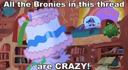 Size: 766x424 | Tagged: safe, edit, edited screencap, screencap, spike, twilight sparkle, friendship is magic, g4, season 1, angry, book, brony, golden oaks library, image macro, insanity, lampshade, party, reaction image, thread