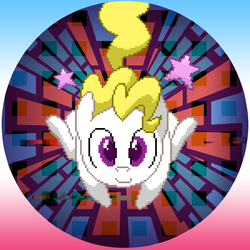 Size: 899x898 | Tagged: safe, artist:willdrawforfood1, surprise, bronycon, g1, g4, button, g1 to g4, generation leap, glitch, pixel art