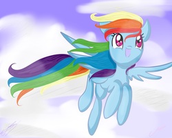 Size: 3500x2800 | Tagged: safe, artist:fikakorv, rainbow dash, pegasus, pony, g4, cloud, female, flying, happy, looking up, mare, sky, solo