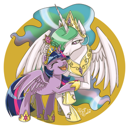 Size: 1000x1000 | Tagged: safe, artist:bunina, princess celestia, twilight sparkle, alicorn, pony, g4, big crown thingy, female, mare, pixiv, twilight sparkle (alicorn)