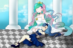 Size: 1224x814 | Tagged: safe, artist:carcarchu, princess celestia, princess luna, human, g4, checkered floor, duo, female, humanized, lying down, on back, pillar, siblings, sisters, winged humanization