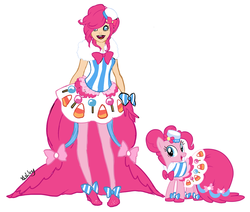 Size: 1295x1100 | Tagged: safe, artist:starexorcist, pinkie pie, earth pony, human, pony, g4, clothes, dress, female, gala dress, human ponidox, humanized, mare, self paradox, self ponidox, simple background, solo, white background