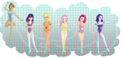 Size: 2344x1128 | Tagged: safe, artist:n1mh, applejack, fluttershy, pinkie pie, rainbow dash, rarity, twilight sparkle, human, g4, humanized, leotard, mane six