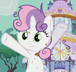 Size: 417x394 | Tagged: safe, screencap, sweetie belle, pony, unicorn, g4, hearts and hooves day (episode), animated, carousel boutique, cropped, dirty, female, filly, hearts and hooves day, messy mane, solo, waving