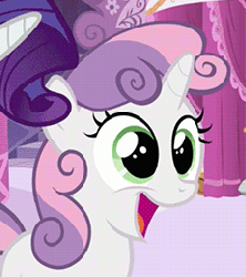 Size: 231x260 | Tagged: safe, screencap, rarity, sweetie belle, pony, unicorn, g4, ponyville confidential, animated, cropped, cute, diasweetes, face, faic, female, filly, gif, happy, mare, open mouth, smiling, solo focus