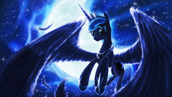 Size: 3840x2160 | Tagged: safe, artist:zolombo, princess luna, pony, g4, backlighting, female, flying, moon, solo, wings