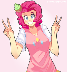 Size: 1145x1231 | Tagged: safe, artist:sallymon, pinkie pie, human, g4, female, humanized, peace sign, pink background, simple background, smiling, solo