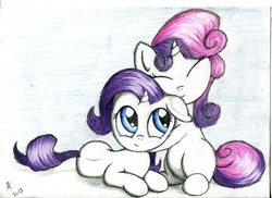 Size: 3509x2550 | Tagged: safe, artist:rameslack, rarity, sweetie belle, g4, filly, time paradox, traditional art