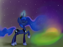 Size: 1024x768 | Tagged: safe, artist:kas-the-cat, princess luna, alicorn, pony, g4, eyes closed, female, magic, mare, raised hoof, smiling, solo