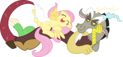 Size: 8286x3863 | Tagged: dead source, safe, artist:krusiu42, artist:mickeymonster, discord, fluttershy, g4, absurd resolution, duo, eyes closed, female, male, simple background, tickling, transparent background
