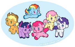 Size: 700x442 | Tagged: safe, artist:krisgoat, applejack, fluttershy, pinkie pie, rainbow dash, rarity, twilight sparkle, g4, blush sticker, blushing, crossover, cute, flying, looking at you, mane six, open mouth, smiling, unico, weapons-grade cute