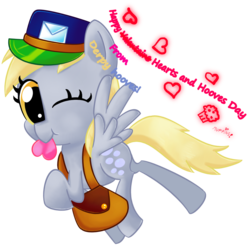 Size: 1114x1101 | Tagged: safe, artist:kas-the-cat, derpy hooves, pegasus, pony, g4, :t, chibi, cute, female, flying, hat, heart, looking at you, mailbag, mare, mouth hold, nom, simple background, smiling, solo, spread wings, transparent background, valentine, wink