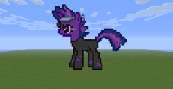 Size: 1366x706 | Tagged: safe, artist:darkflaretj, twilight sparkle, pony, unicorn, g4, it's about time, /mlp/, cloud, female, future twilight, game screencap, mare, minecraft, minecraft pixel art, pixel art, sky, solo, unicorn twilight