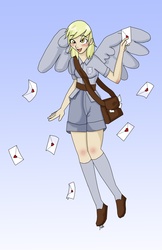 Size: 3300x5100 | Tagged: safe, artist:kitsunepup, derpy hooves, human, g4, clothes, female, humanized, letter, mailbag, socks, solo, thigh highs, winged humanization