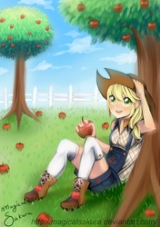 Size: 494x700 | Tagged: safe, artist:magicalsakura, applejack, human, g4, female, humanized, sitting, solo, tree