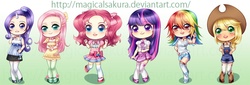 Size: 998x338 | Tagged: safe, artist:magicalsakura, applejack, fluttershy, pinkie pie, rainbow dash, rarity, twilight sparkle, human, g4, chibi, humanized, mane six