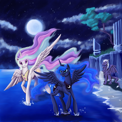 Size: 2000x2000 | Tagged: safe, artist:dalagar, princess celestia, princess luna, oc, oc:teurus, alicorn, dragon, pony, g4, female, mare, moon, night, water